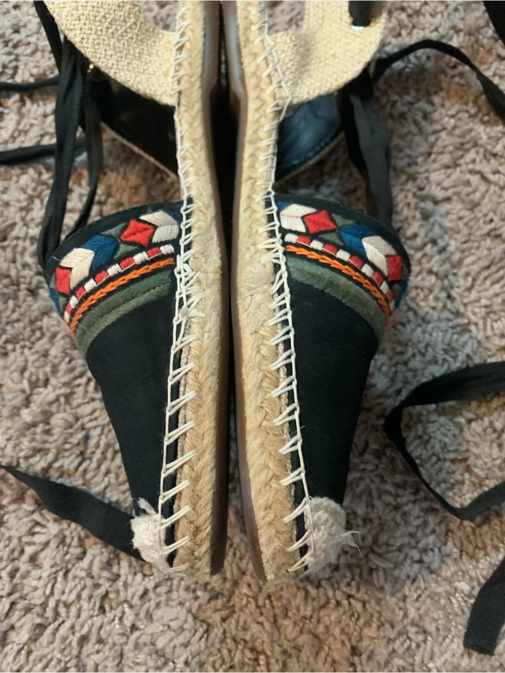 SCHUTZ Embroidered Lace Up Espadrilles Sandals Red Black